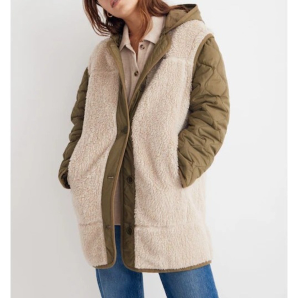 MADEWELL‎ green tan Convertible quilted faux shearling jacket Sz XS